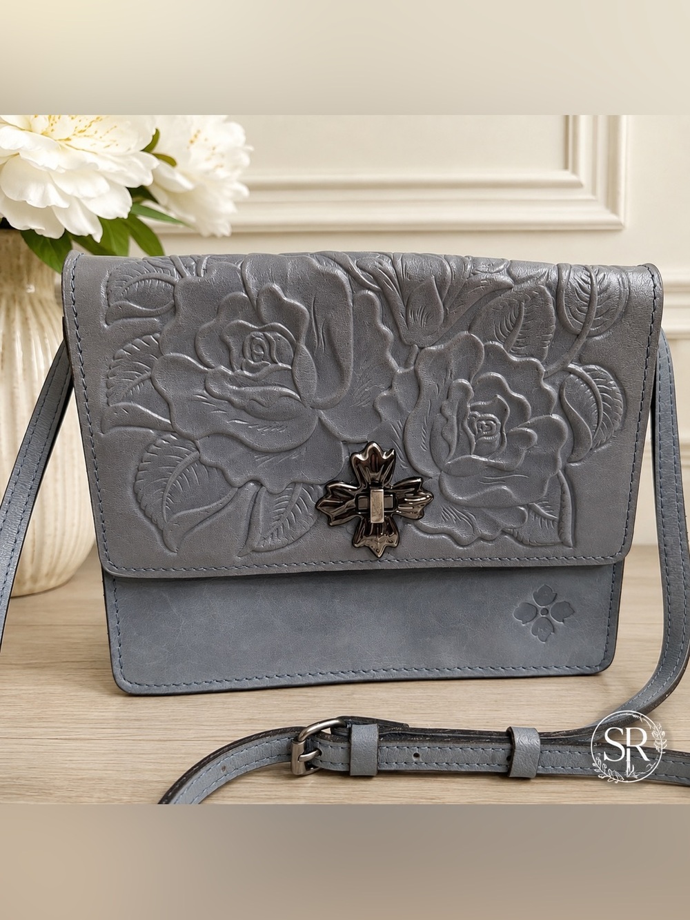 Patricia Nash Consilina Tooled Leather Crossbody Organizer Floret Twist Lock